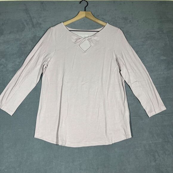 Soft Surroundings Knit Top Medium Lavender Stripe Keyhole Neck 3/4 Sleeve Blouse - Picture 1 of 8